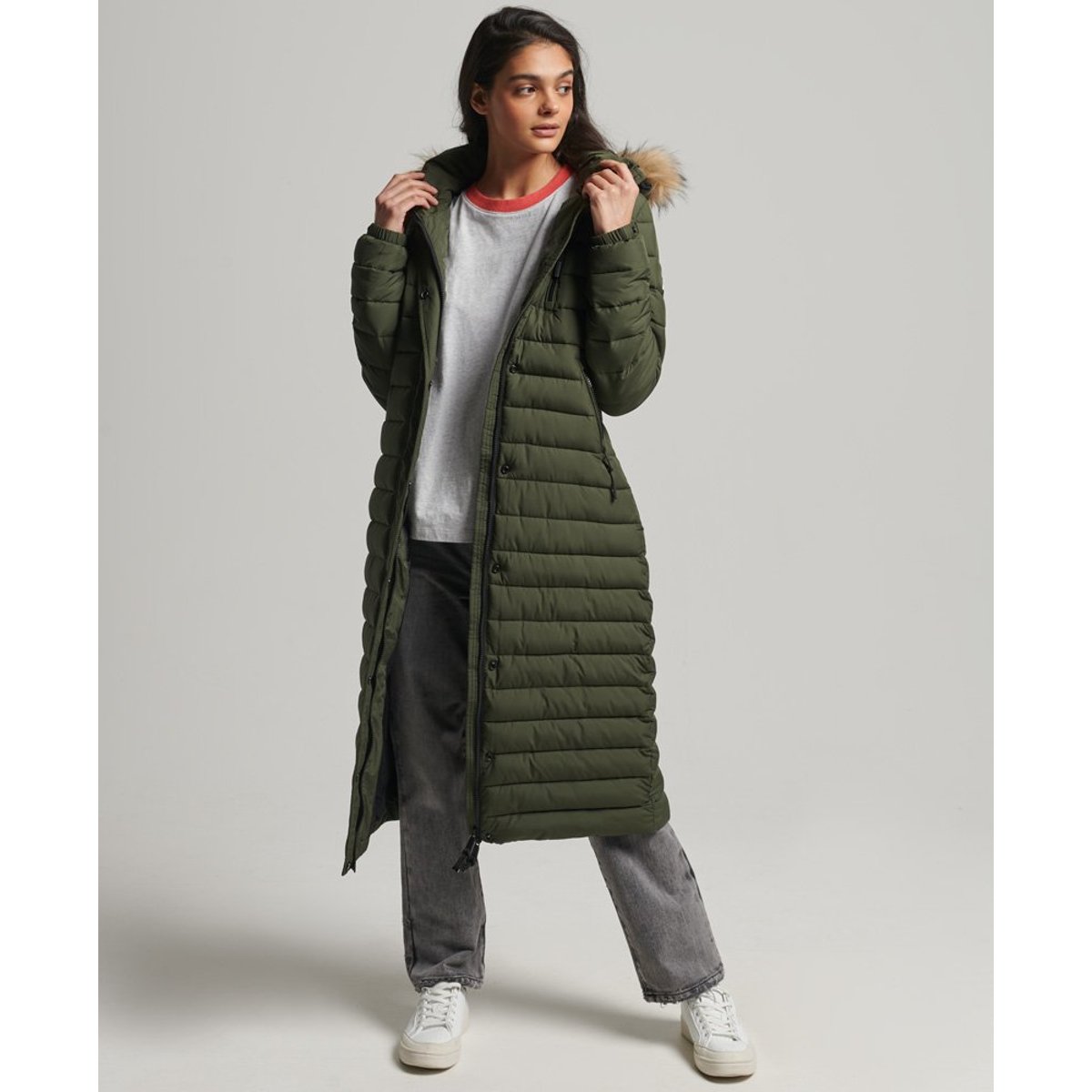 Manteau super long Fuji vert mousse foncé, SUPERDRY