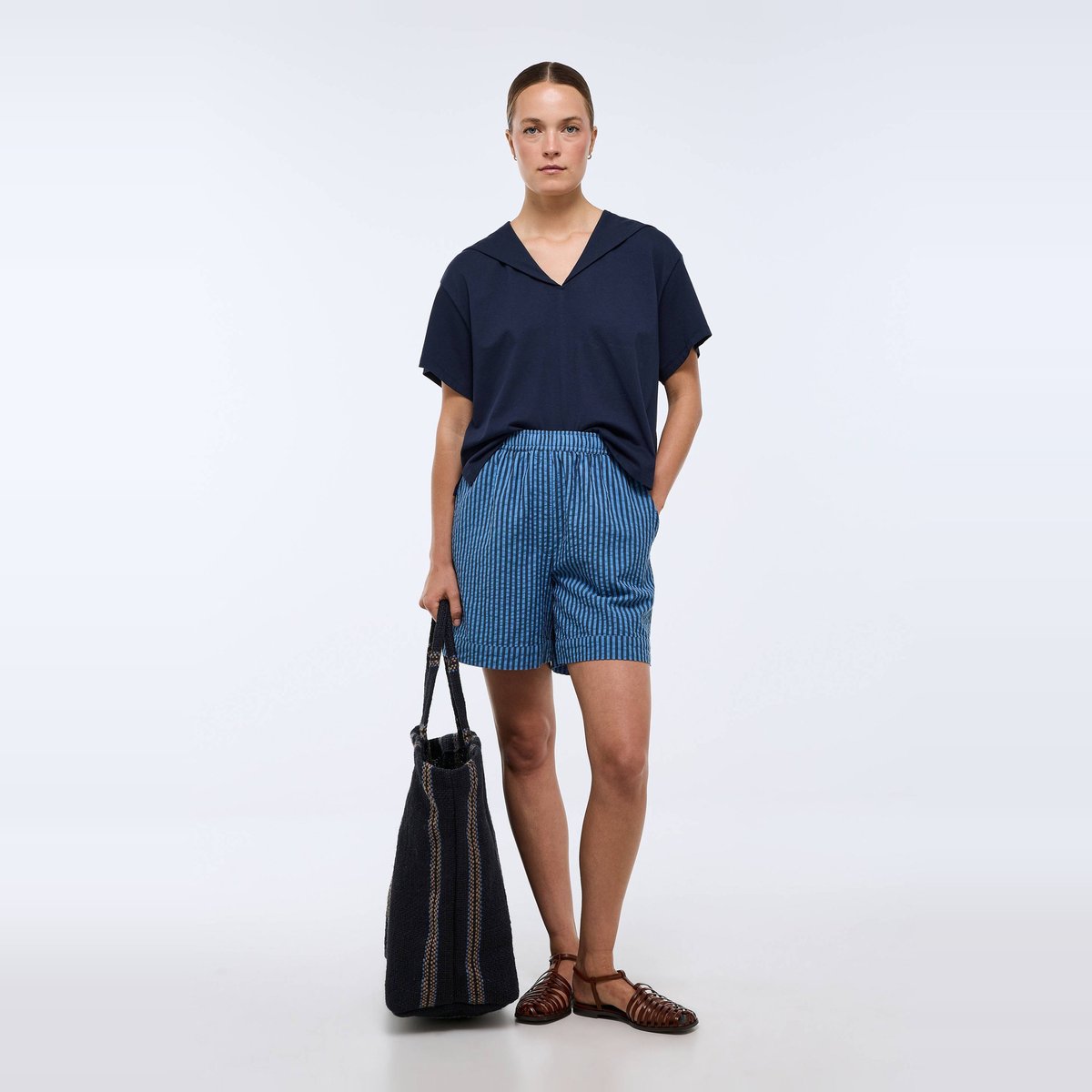 Short rayé élastiqué en coton tornade, MONOPRIX