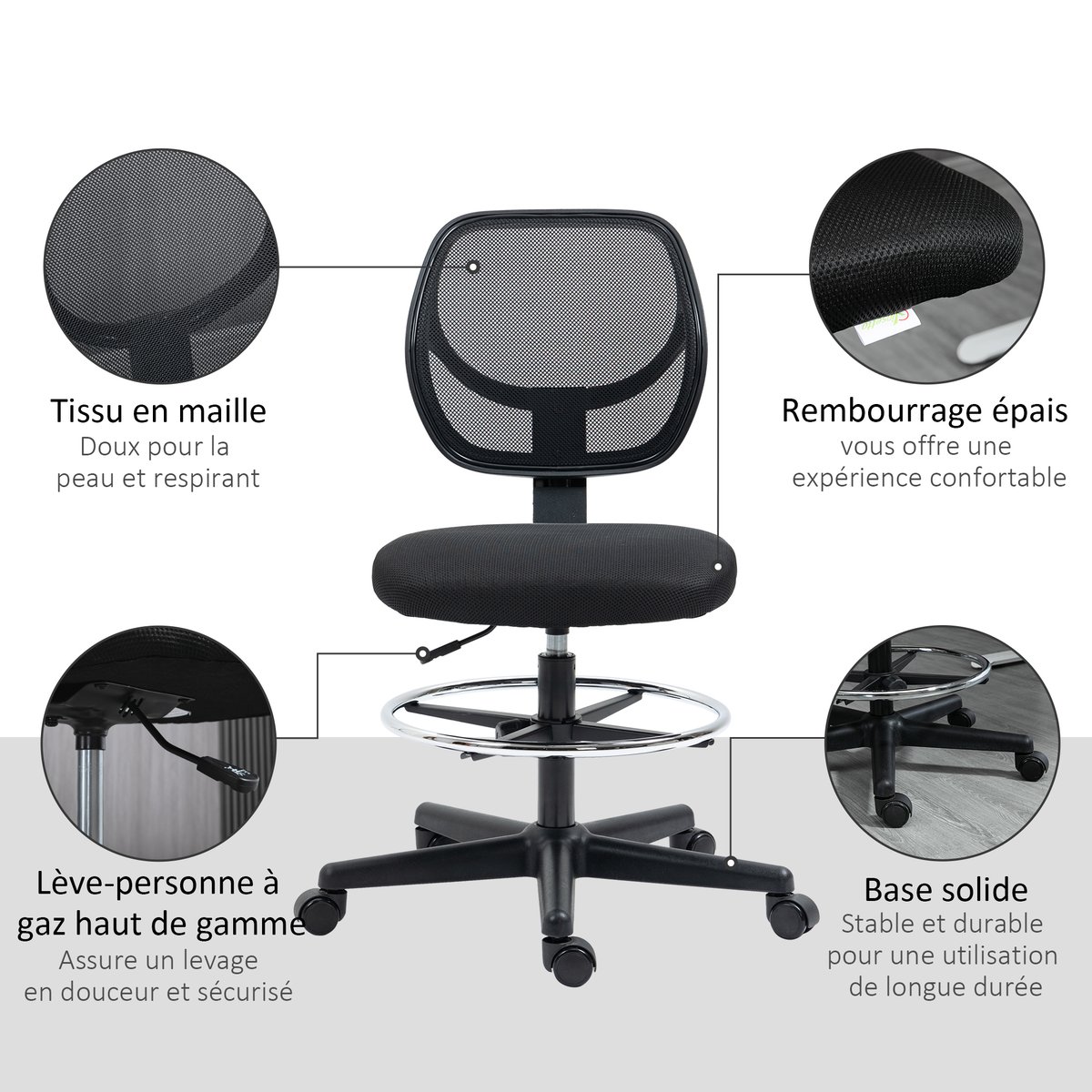 Chaise de bureau pour poste de travail debout noir, HOMCOM