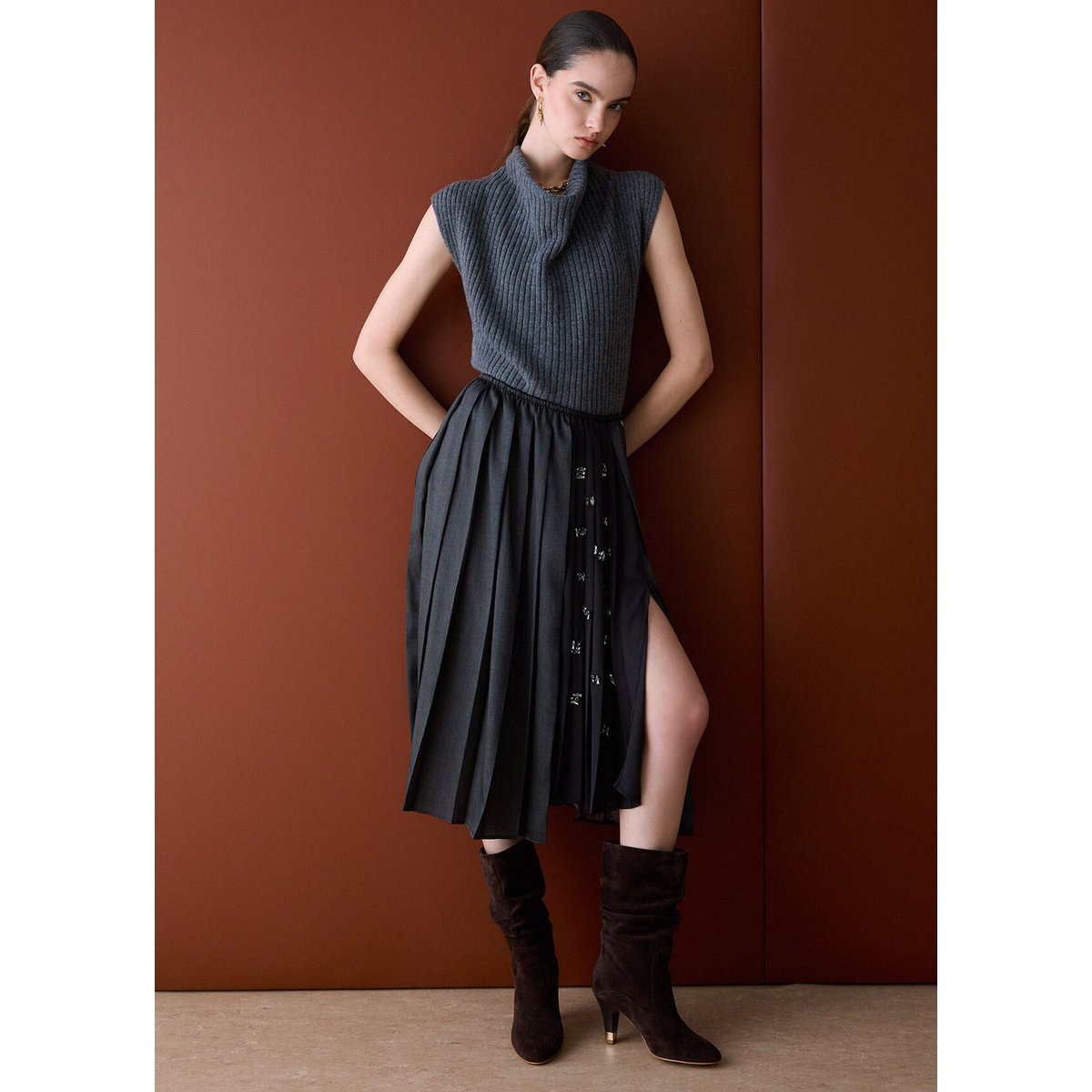 Jupe plissée avec broderies bijoux gris foncé, LIU JO