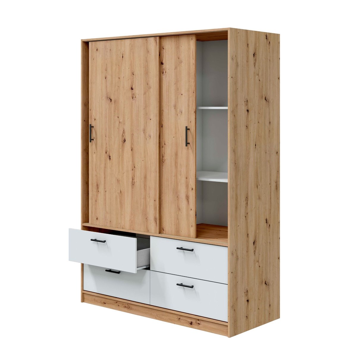 Armoire avec étagères et tiroirs blanc et chêne bois naturel, TERRE DE NUIT