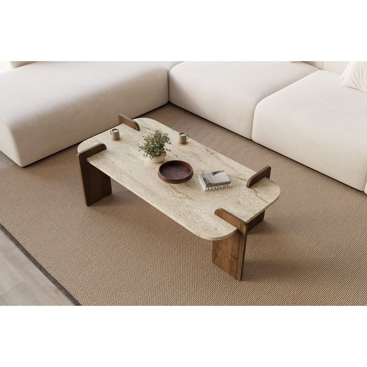 Table basse effet travertin et bois foncé ROMANE marron, TOILINUX