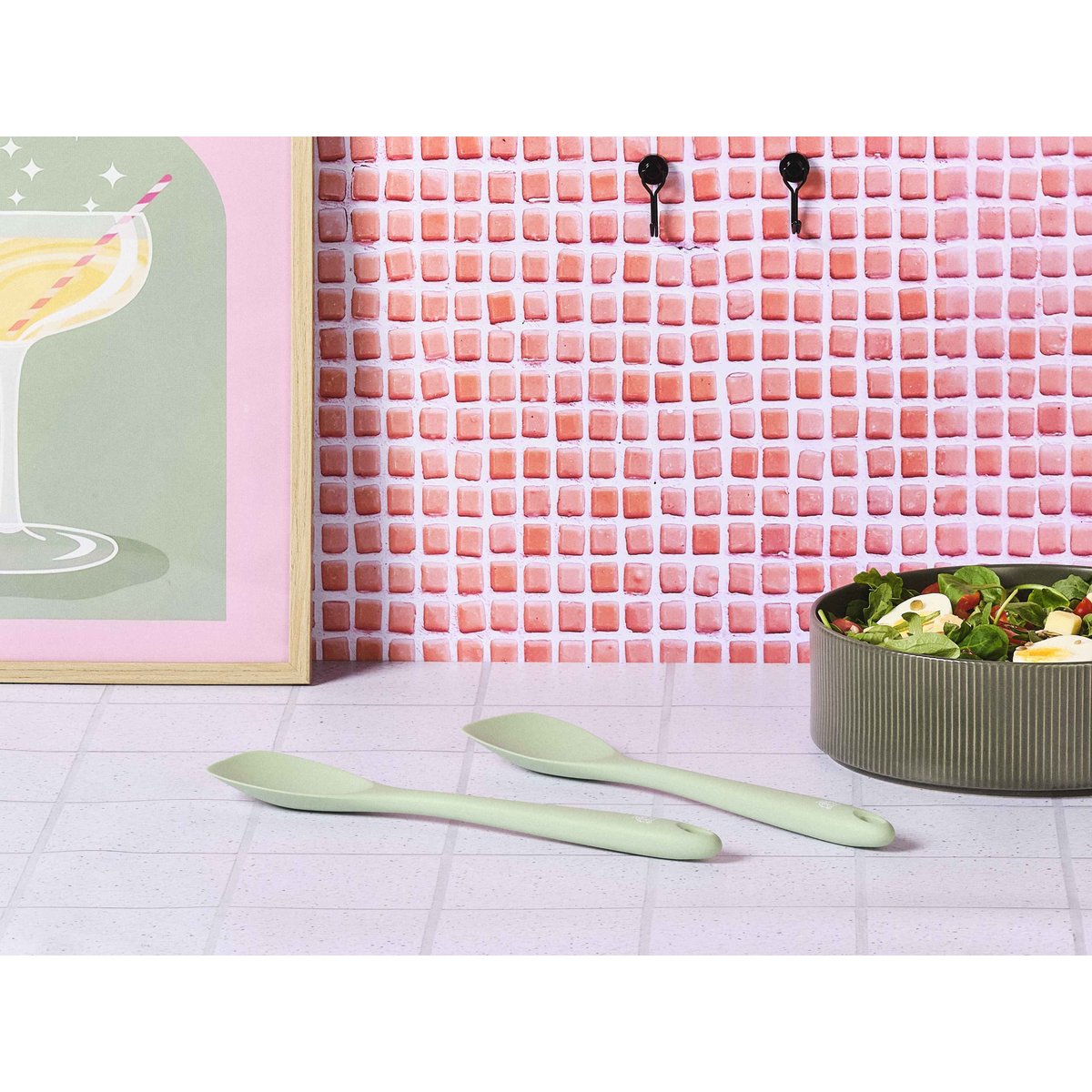 Lot de 2 couverts à salade en silicone et pbt (polybutylène téréphtalate), ne contient pas de mélamine ni polyamide, IVAR vert pâle, BJORN