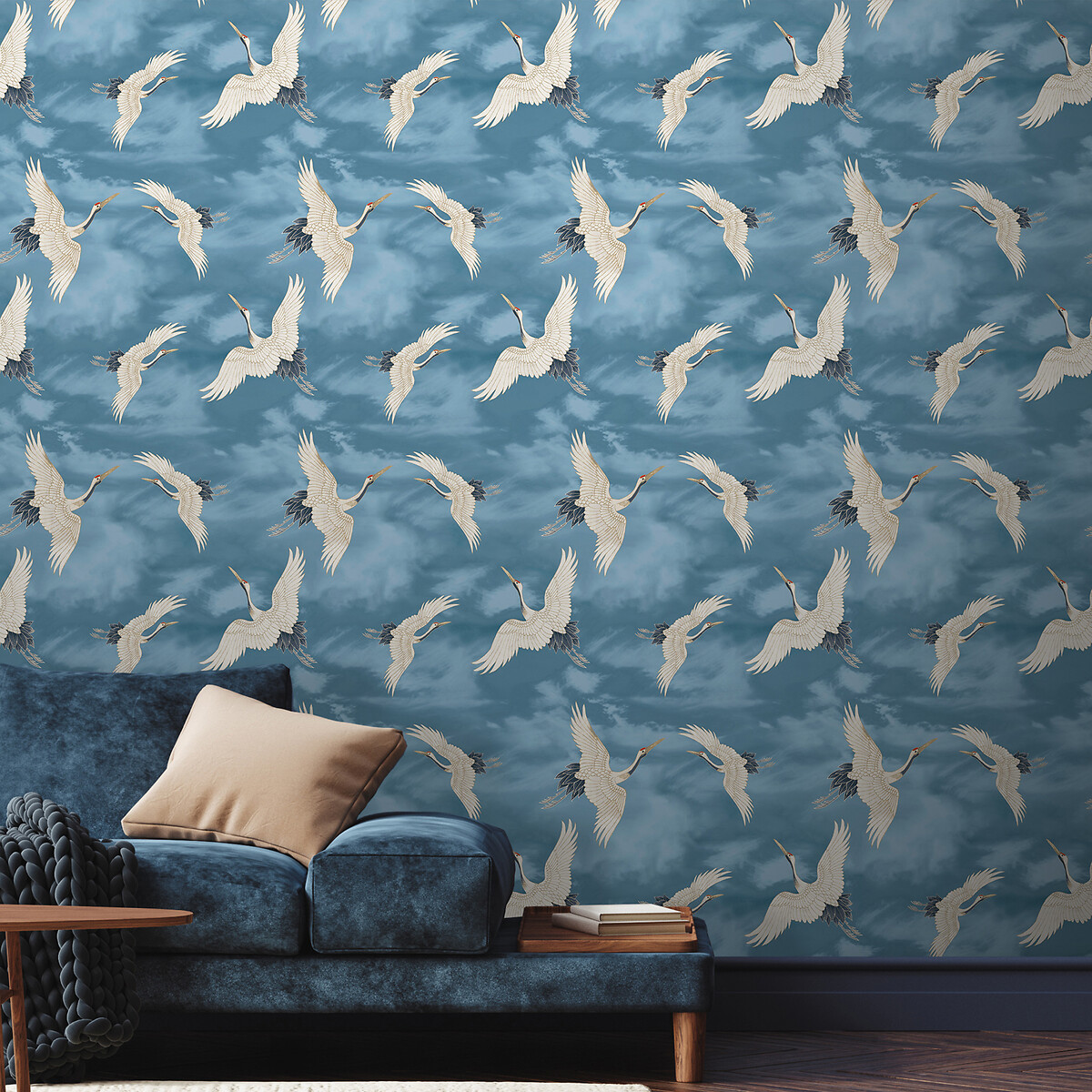 Cranes Blue Wallpaper blue, CATHERINE LANSFIELD