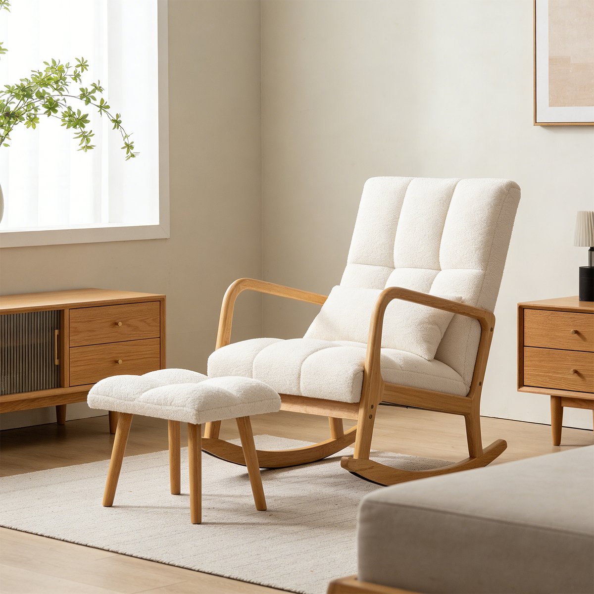 Fauteuil à bascule tissu bouclette avec repose-pieds, RAMONA blanc, MEUBLES COSY