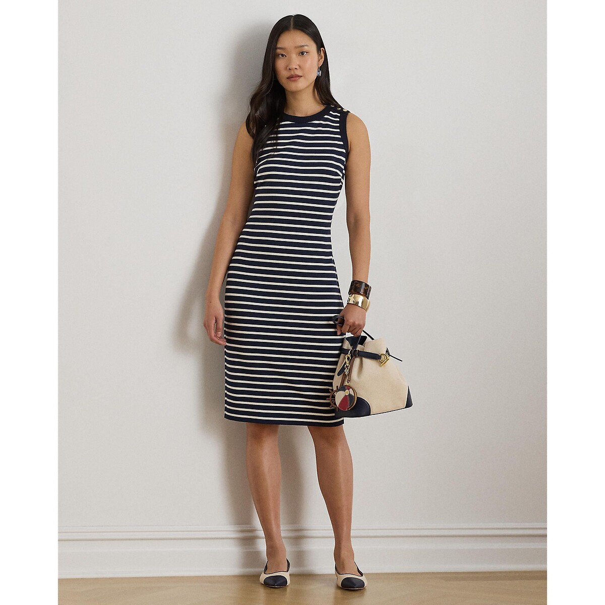 Robe courte rayée sans manches col rond  rayé marine/écru, LAUREN RALPH LAUREN