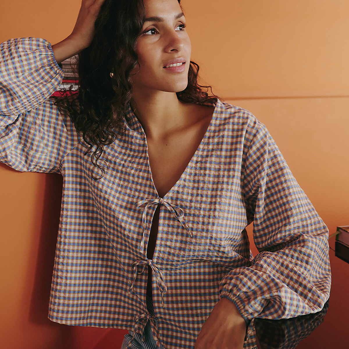 Blouse col V à carreaux à liens à nouer carreaux rose/bleu, LA REDOUTE COLLECTIONS