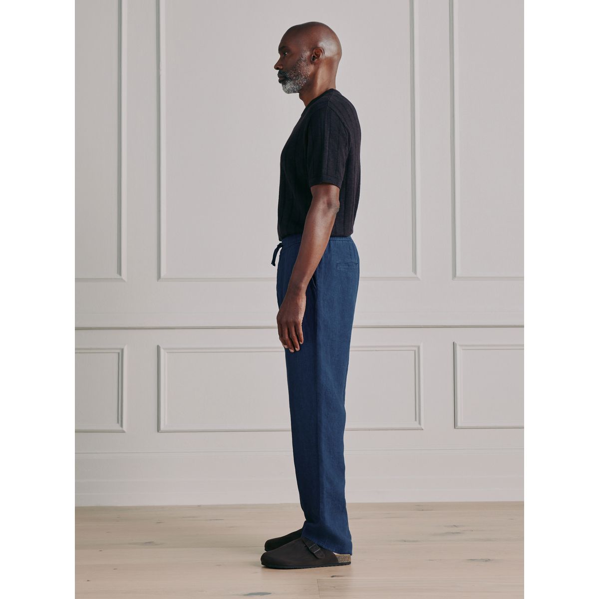 Pantalon lin taille élastique signature bleu marine, NEXT