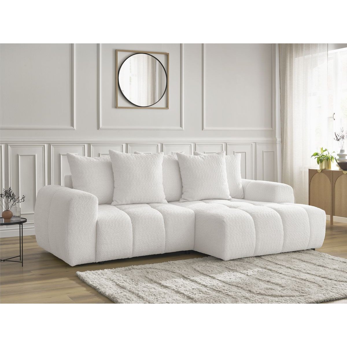 Canapé d'angle convertible 3 places en tissu bouclette, ROXELANE blanc, BOBOCHIC