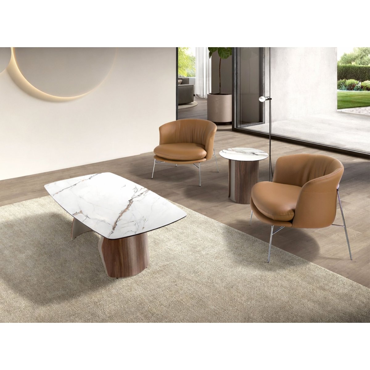 Table basse ovale en marbre porcelainé, acier et bois blanc | sable | noyer, ANGEL CERDA