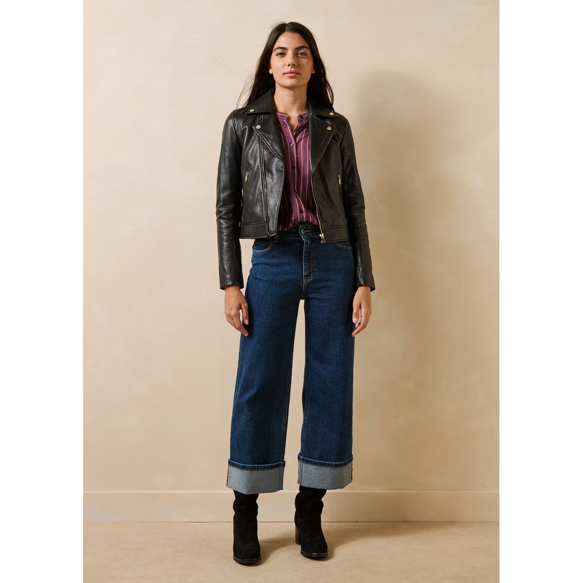 Blouson court en cuir esprit motard noir, LA FEE MARABOUTEE