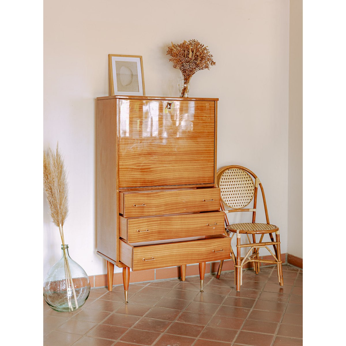 Secrétaire mid-century en bois vernis Honoré N°203 - Bon état bois clair, DEBONGOUT
