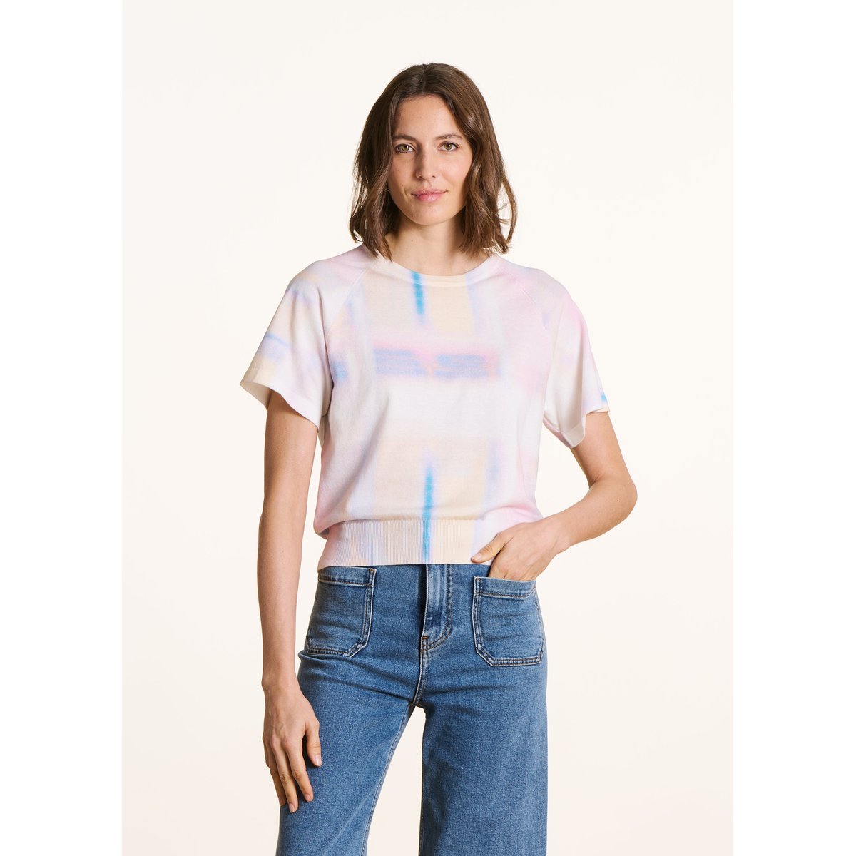 Pull manches courtes imprimé en coton biologique blush, LA FEE MARABOUTEE