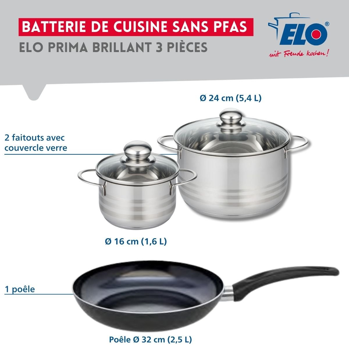 Batterie 1 poêle 32cm + 2 faitouts 16/24cm PRIMA BRILLANT noir, ELO
