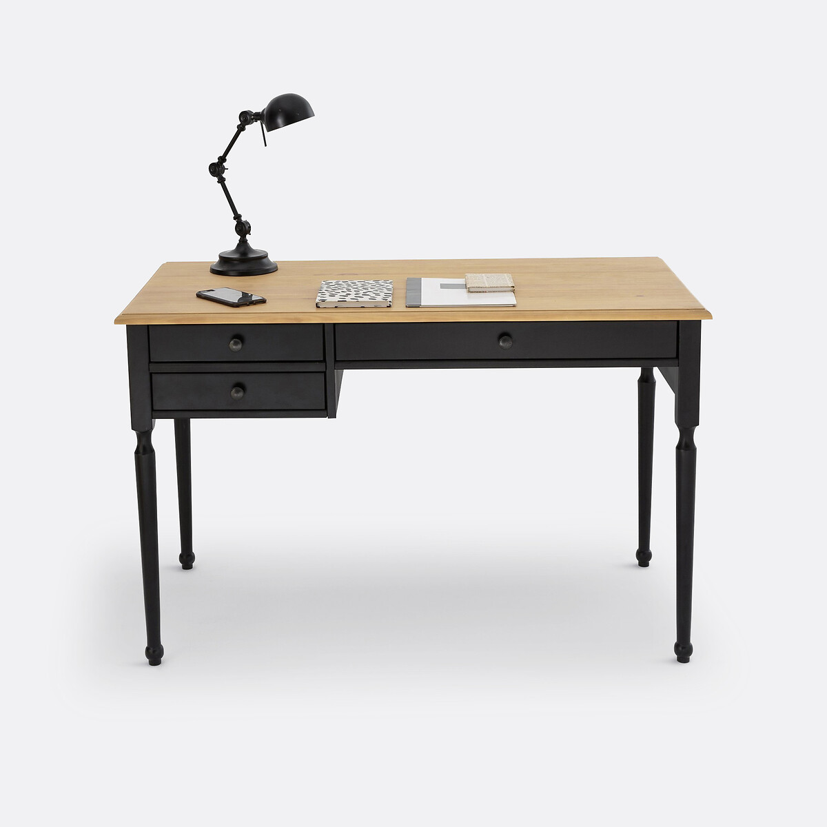 Massief grenen en MDF bureau zwart/hout, LA REDOUTE INTERIEURS