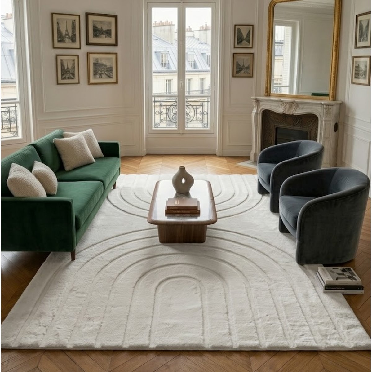 Tapis interieur doux à motif arc lavable en machine ALASKA blanc, NAZAR RUGS
