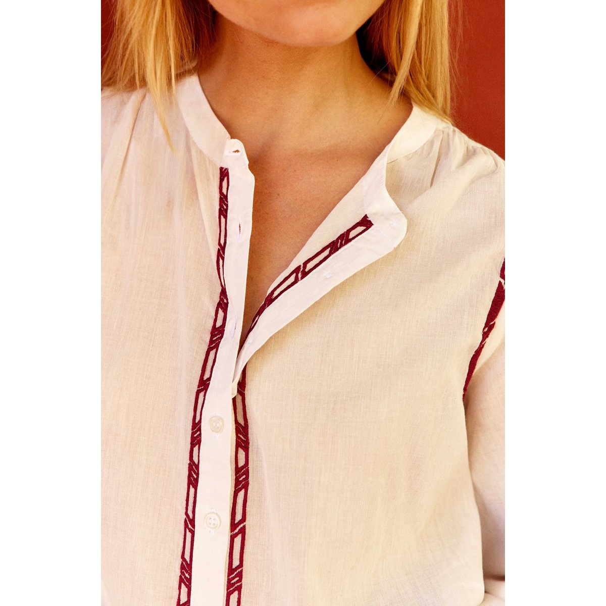 Blouse manches longues col rond imprimé ethnique BRAYA 11-ecru/bordeaux, LA PETITE ETOILE