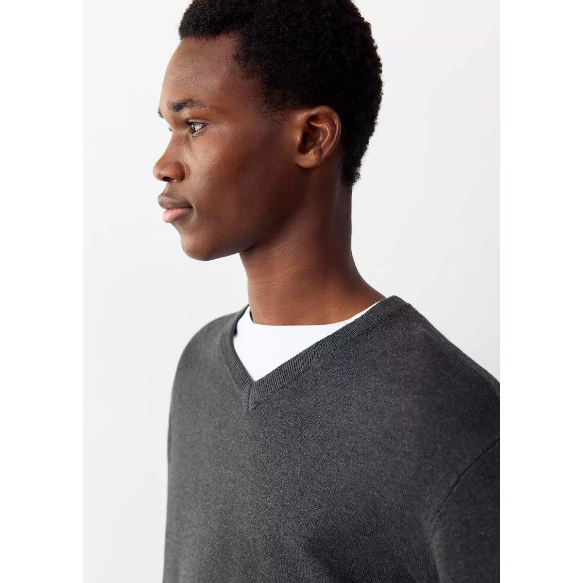 Pull-over coton col V gris chiné moyen, MANGO TEEN