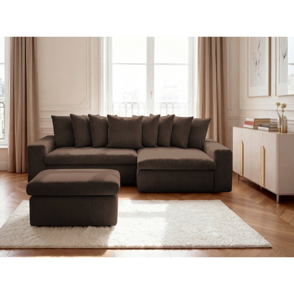 Canapé d'angle fixe 3 places en velours côtelé avec pouf, ENORE marron, BOBOCHIC