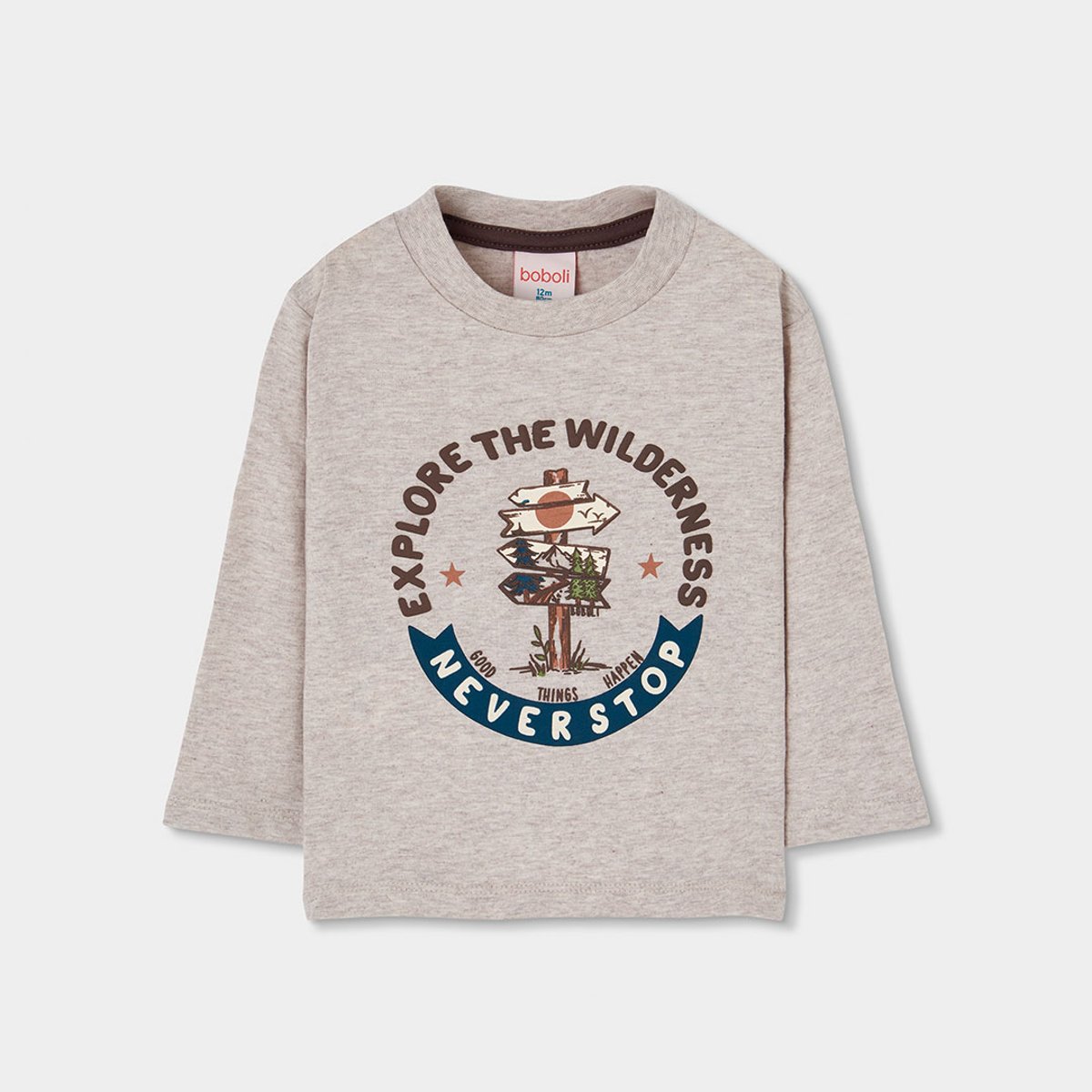 T-shirt garçon maille imprimé aventure beige, BOBOLI