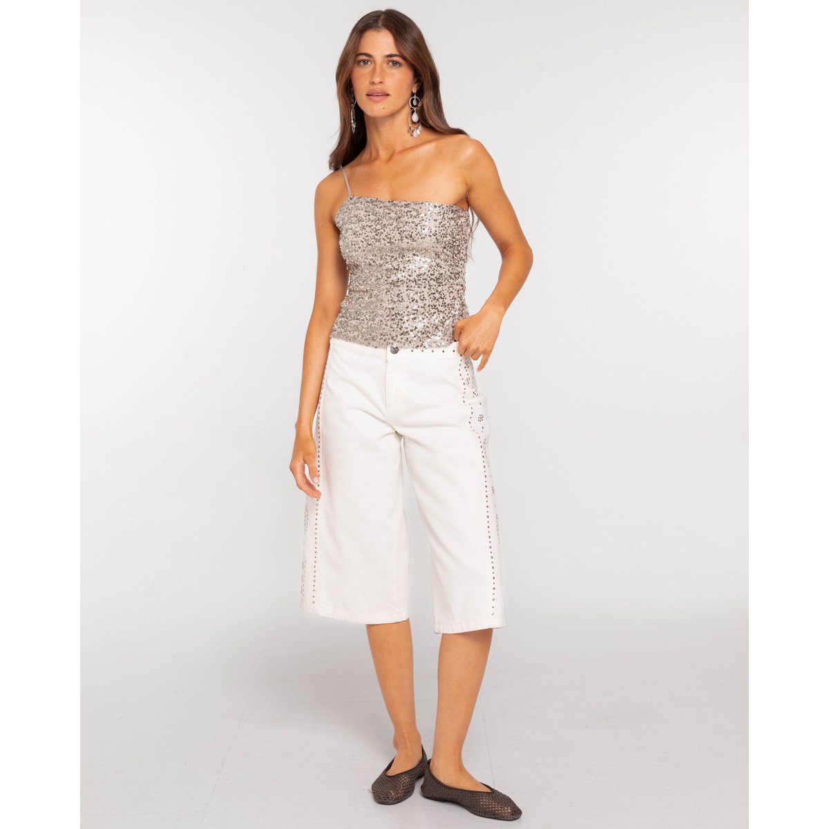 Top asymétrique à paillettes grise, THE-ARE