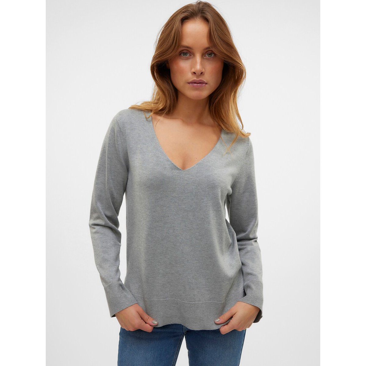 Pull en fine maille, col V gris, VERO MODA