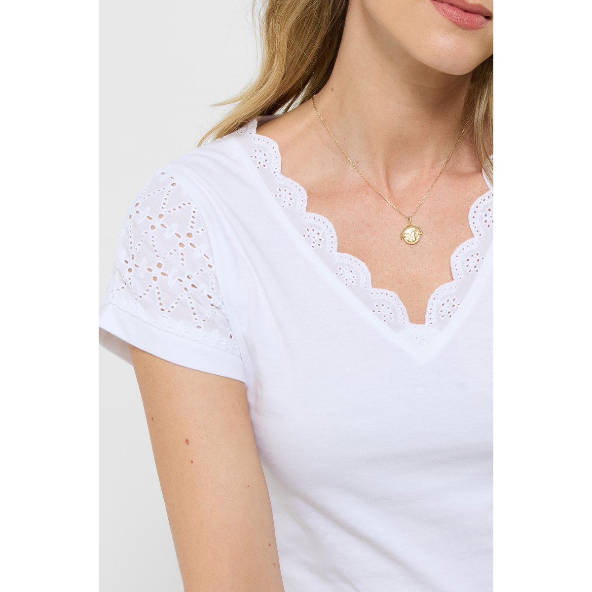 T-shirt à encolure en V avec insert brodé blanc, JOE BROWNS