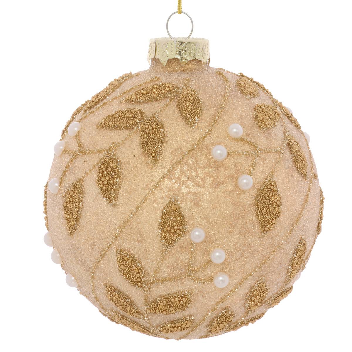 Boule de Noël en verre mercurisé motif branche D. 80 mm beige, FEERIC LIGHTS & CHRISTMAS