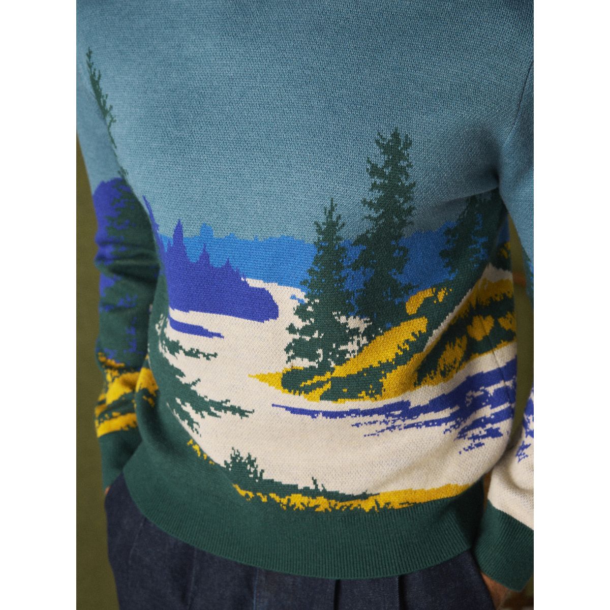 Pull ras du cou en maille à motif paysage bleu/vert, NEXT