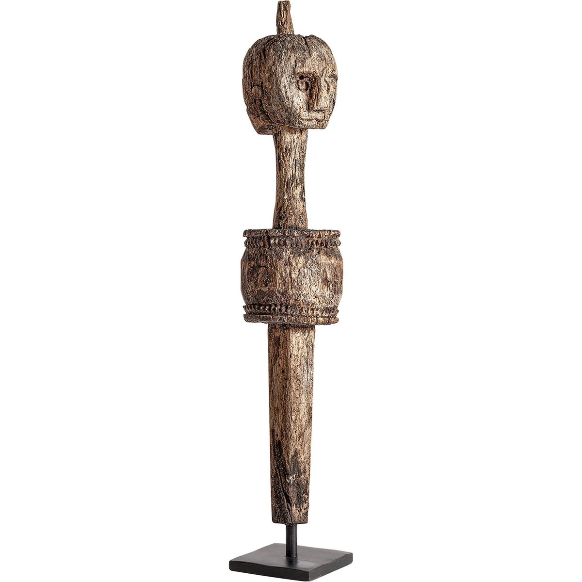 Sculpture ethnique en bois de manguier marron vieilli et noir, RECOLLECTION