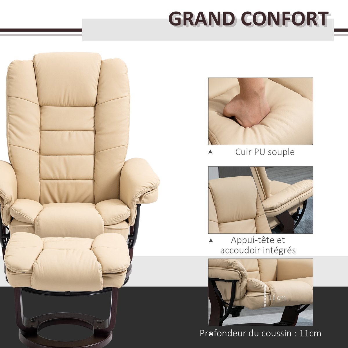 Fauteuil inclinable avec repose-pieds beige, HOMCOM