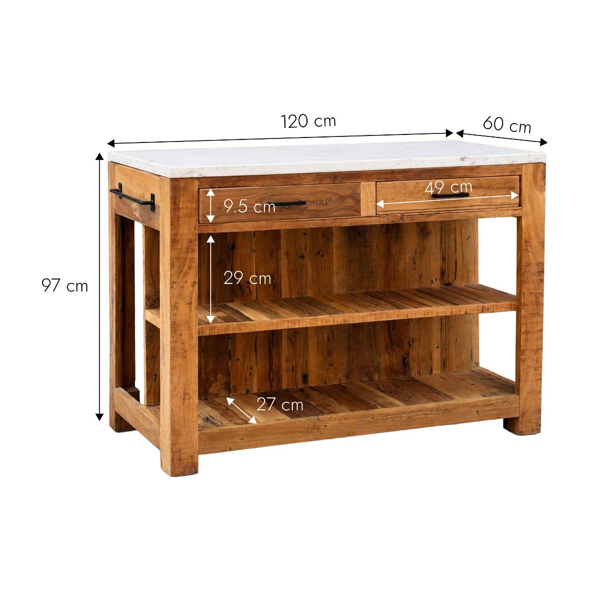 Ilot de cuisine en bois recyclé et marbre JEFFREY bois clair, MADE IN MEUBLES