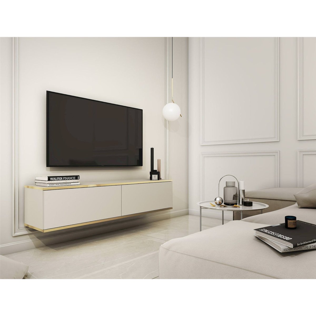 Meuble tv suspendu effet marbre MUCALMA blanc, RECOLLECTION