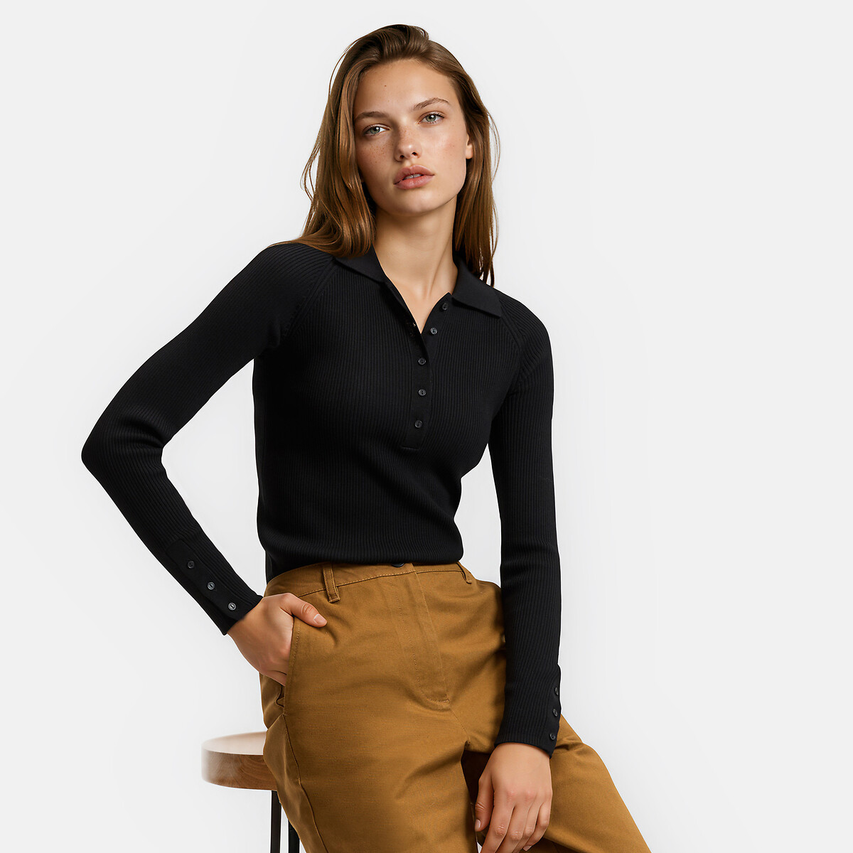 Viscose Blend Polo Jumper black, LA REDOUTE COLLECTIONS