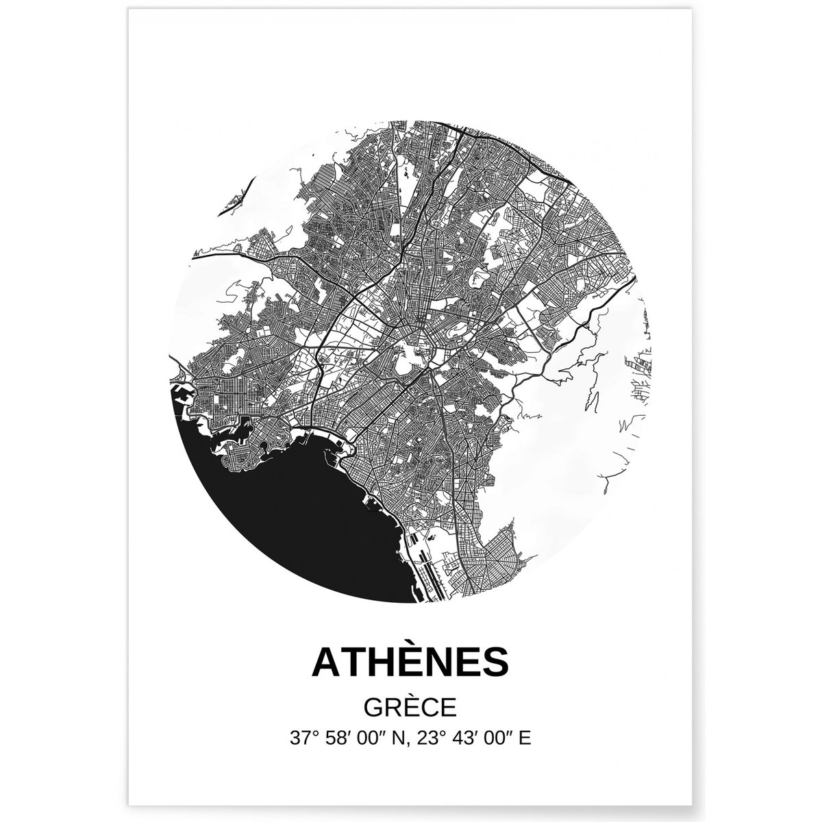 Affiche Carte Athènes blanc, L'AFFICHERIE