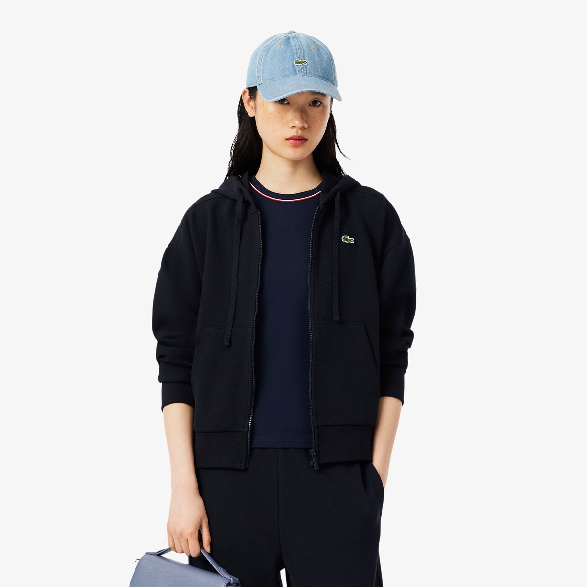 Sweatshirt à capuche zippé en Piqué bleu-hde, LACOSTE