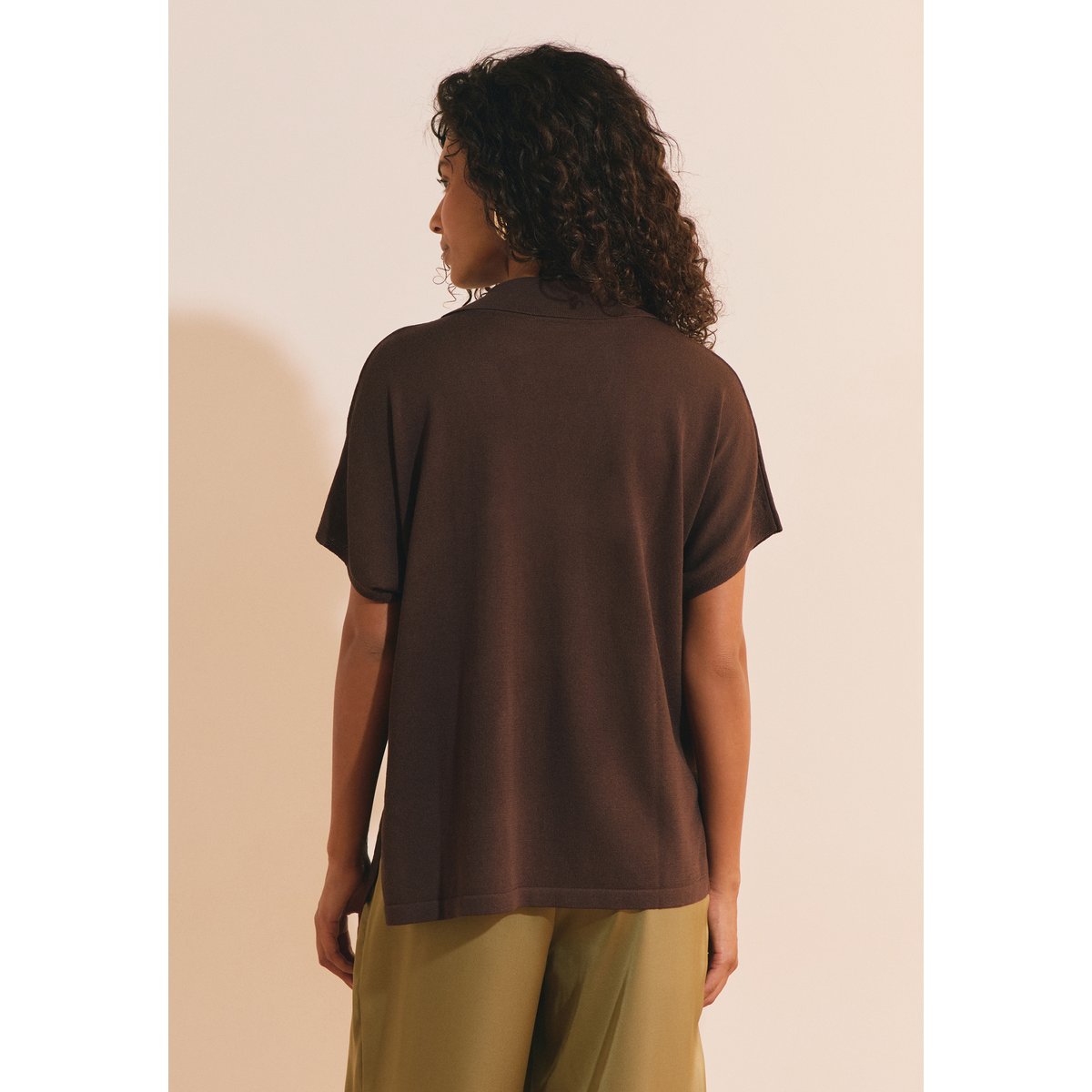 Pull manches courtes col polo SONIA POLO chocolat, ETAM
