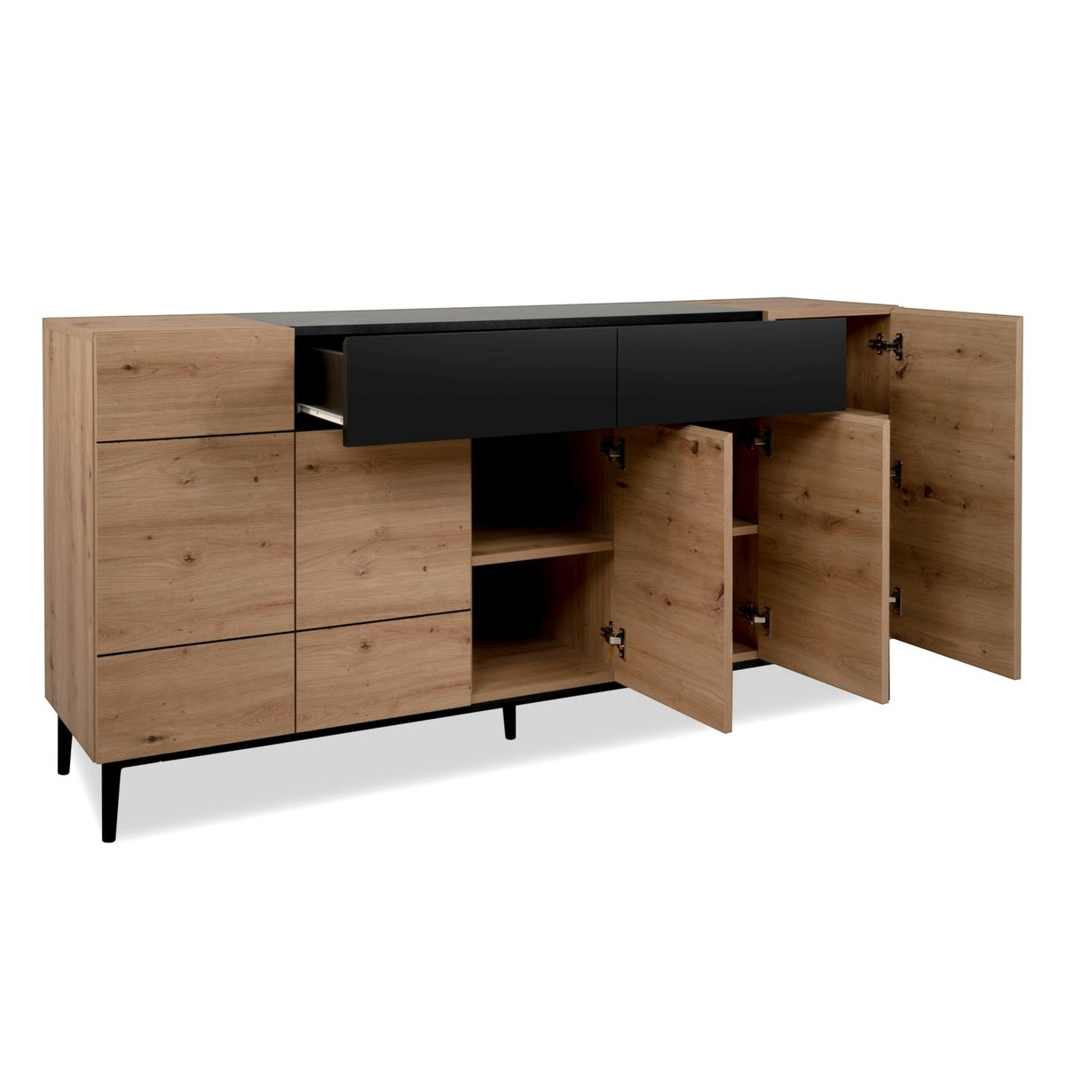 Buffet moderne 5 portes 1 tiroir décor bois et noir ALVA bois naturel, PIER IMPORT