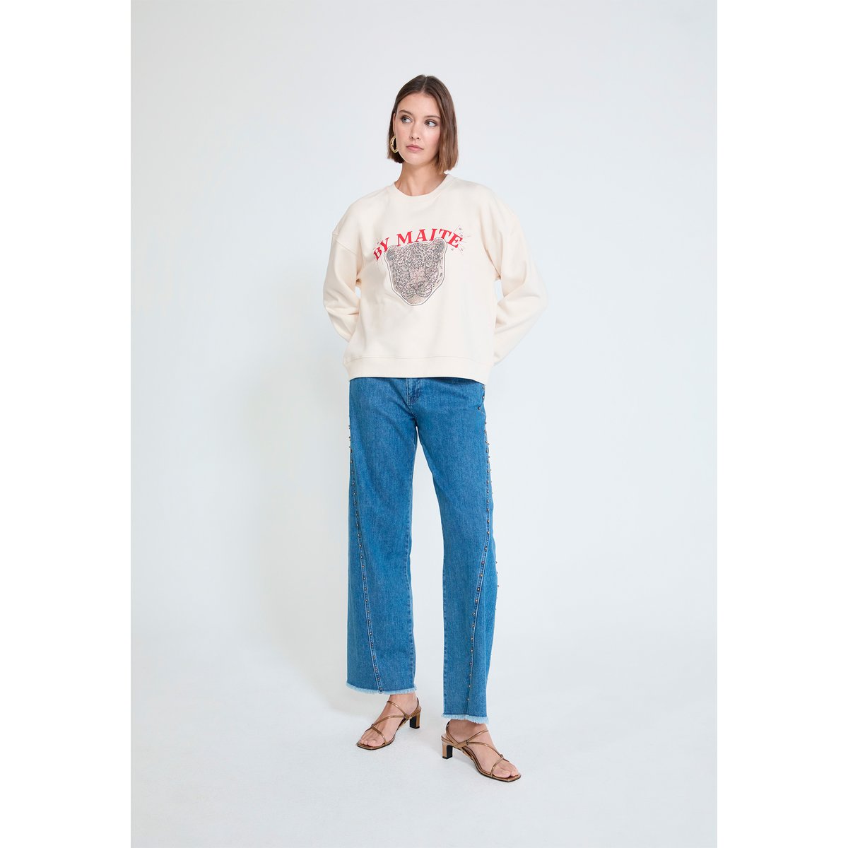 Sweat imprimé panthère à strass en coton ecru, LOLA CASADEMUNT