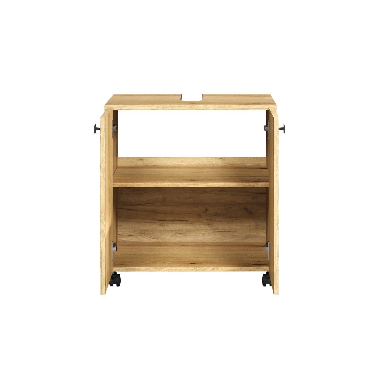 Meuble sous vasque sur roulettes 2 portes L60 cm - PUREBLISS chêne blond et noir mat, CALICOSY
