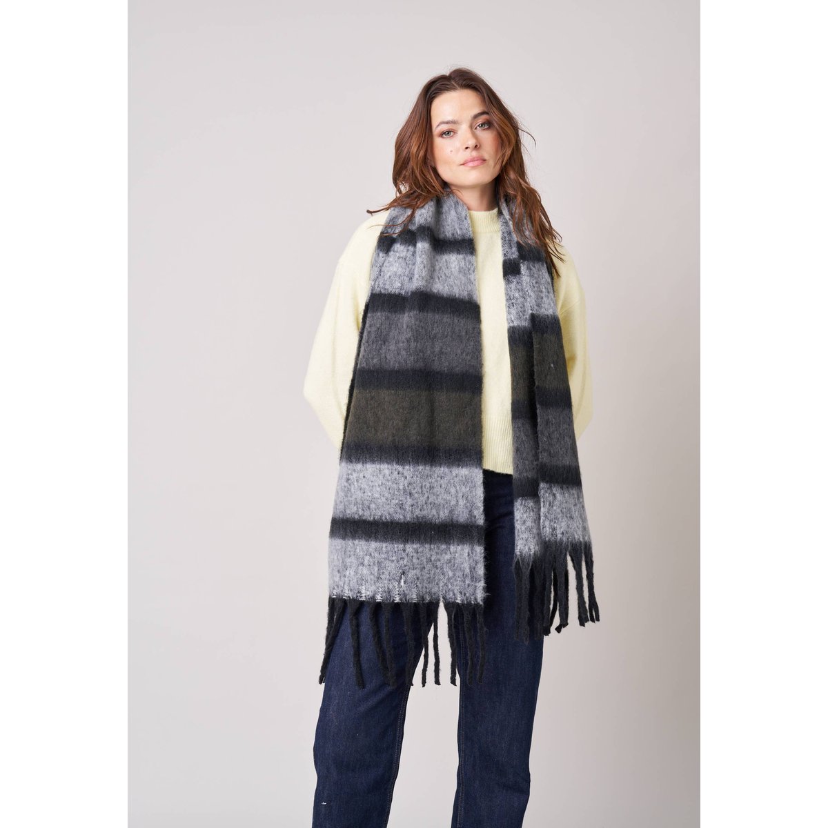 Écharpe femme rayée à franges REYA anthracite, DEELUXE