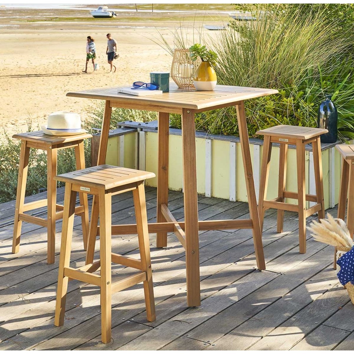 Table de jardin haute en acacia 4 places TIWI beige, HESPERIDE