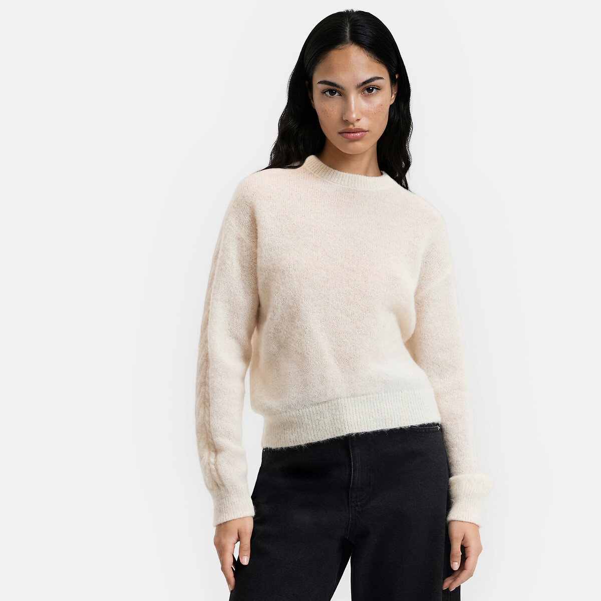 Pull col rond à manches torsadées, en alpaga mélangé beige lin, LA REDOUTE COLLECTIONS