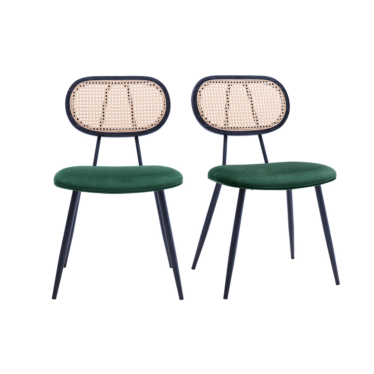 Chaises design noires en tissu velours, métal et cannage rotin (lot de 2) SWANN vert, MILIBOO