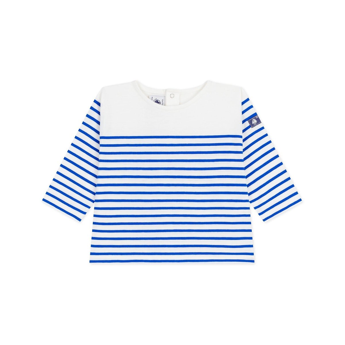 T-shirt marinière, en coton, manches longues rayé bleu, PETIT BATEAU