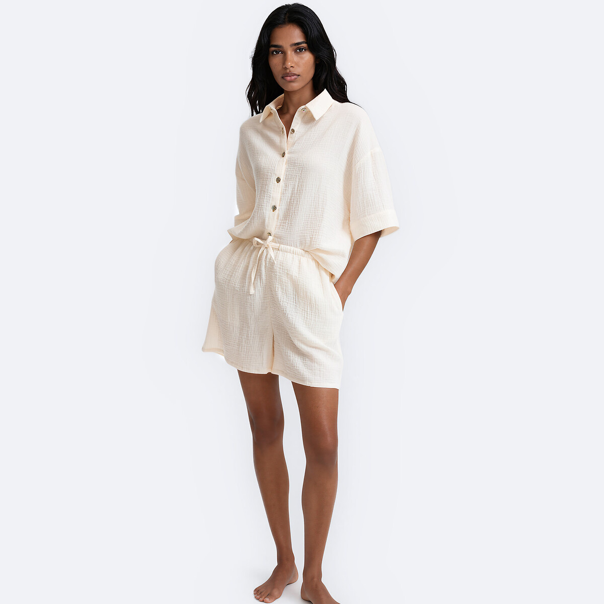 Pyjashort en gaze de coton, Signature MARGOT ivoire, LA REDOUTE COLLECTIONS