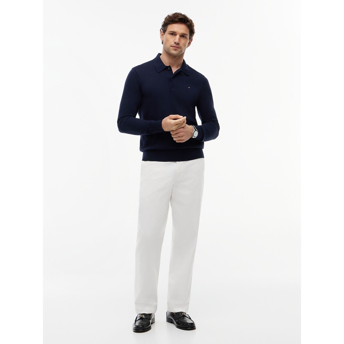 Pull col polo en coton et cachemire bleu marine, TOMMY HILFIGER