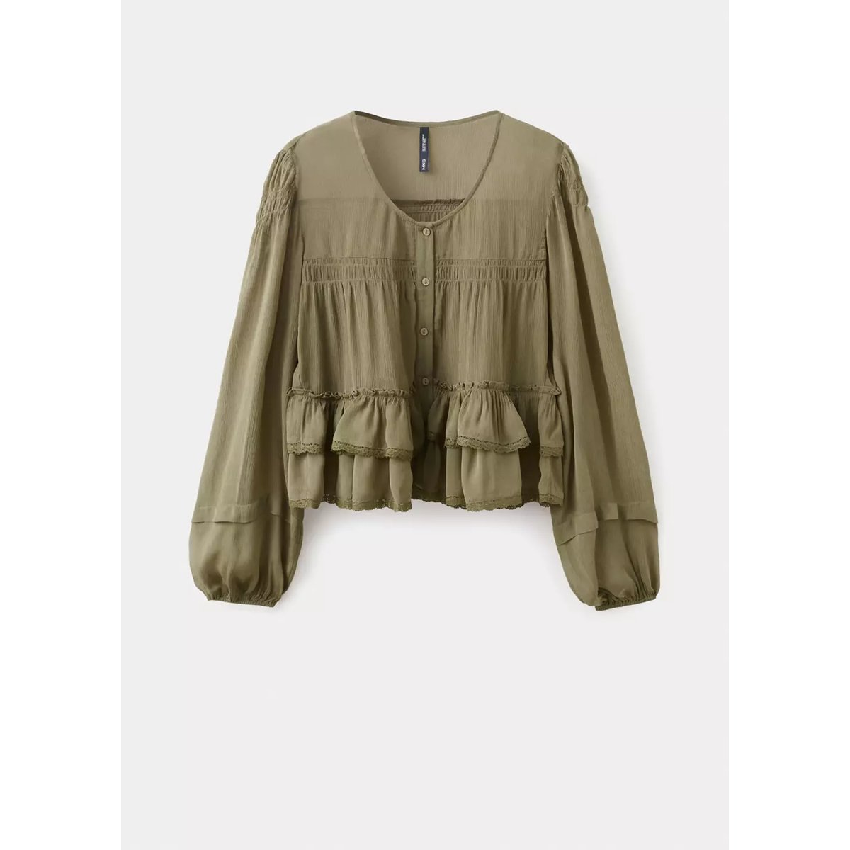 Blouse à volants détails dentelle vert, MANGO