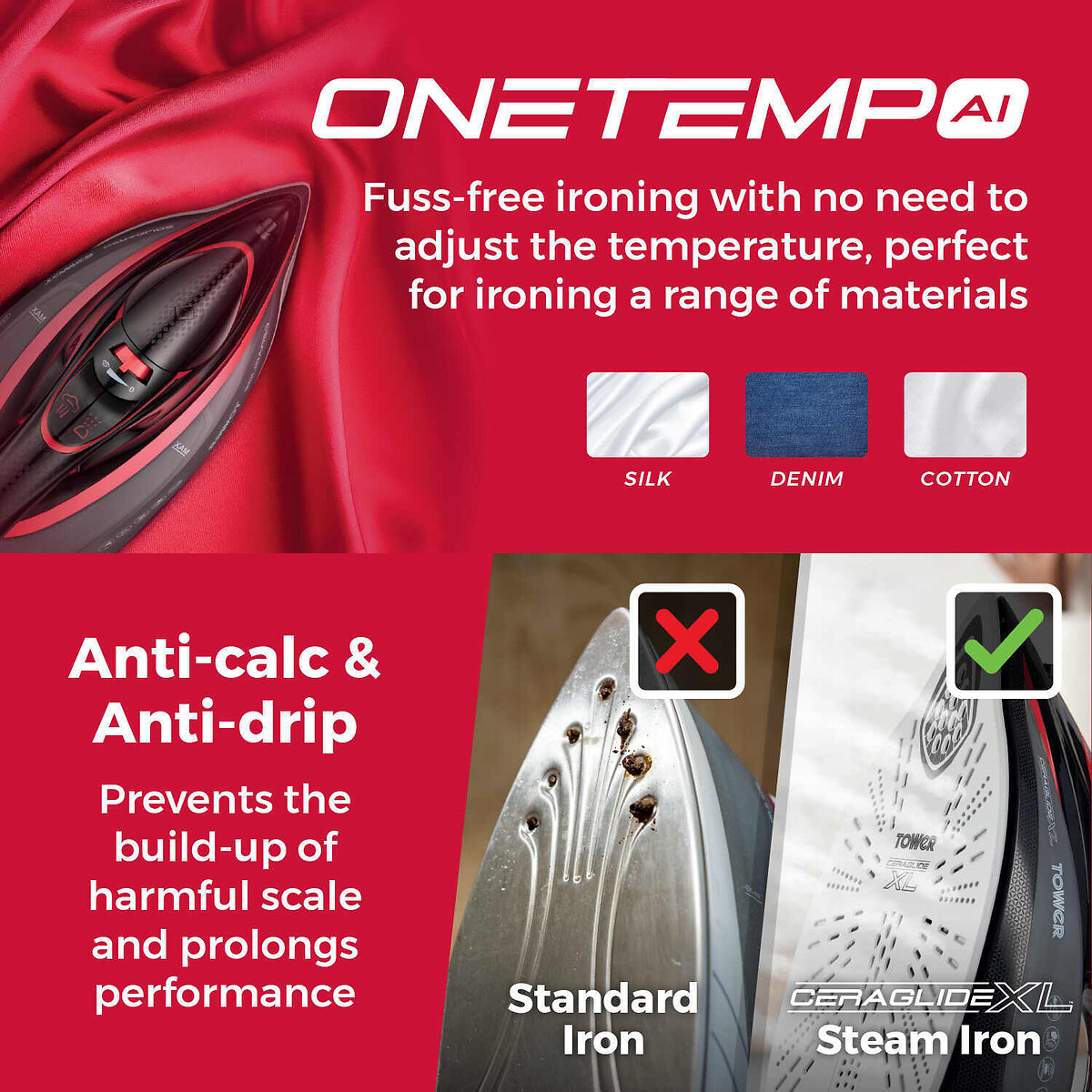 3100W Ceraglide One Temp Steam Iron - T22034 red, TOWER