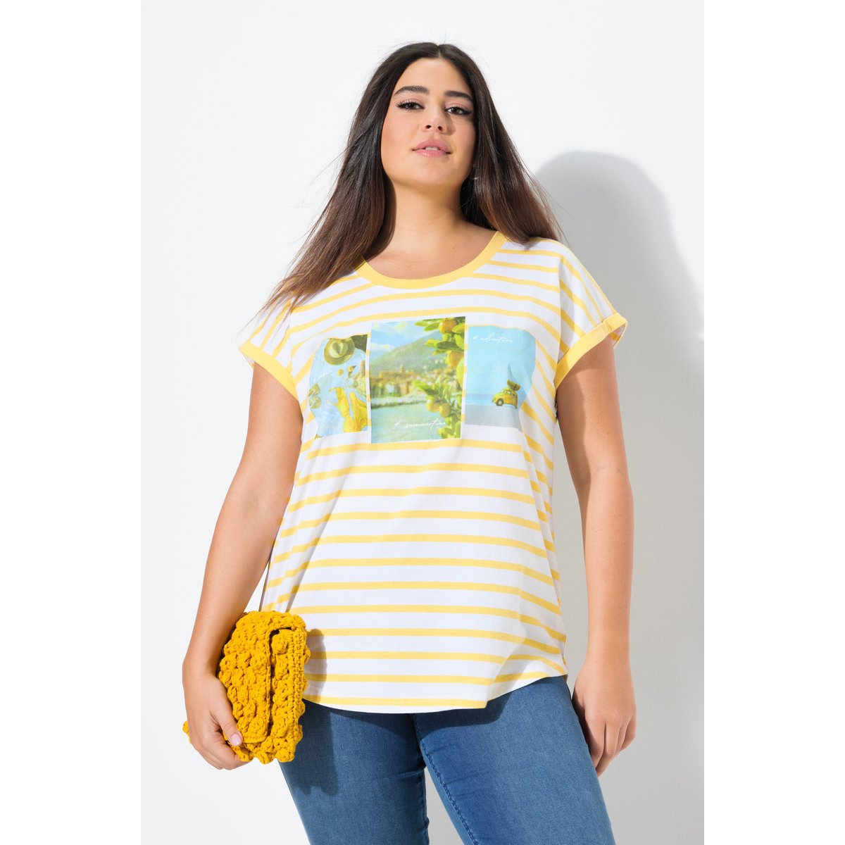 T-shirt oversize à rayures. Col rond jaune soleil, ULLA POPKEN